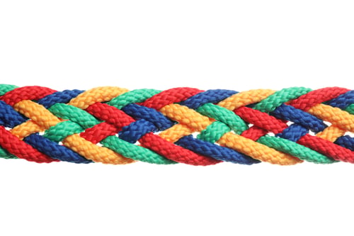 Preview: Braided colorful ropes on white background. Unity concept