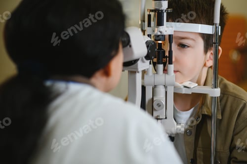 Preview: Ophthalmologist performing vision diagnostics on child with modern equipment