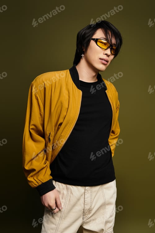 Preview: Stylish young man showcases modern fashion in vibrant studio background