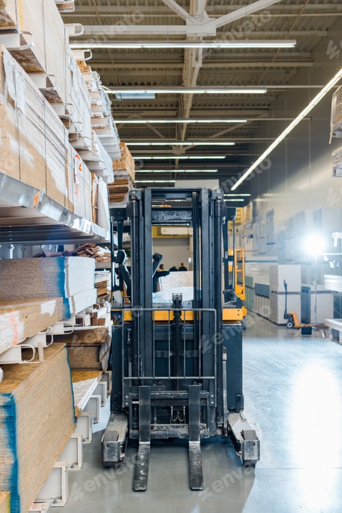 Preview: forklift machine in warehouse near racks with wooden construction materials