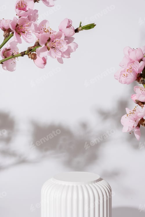 Preview: Empty podium or pedestal for cosmetics product decorated with cherry blossom twigs