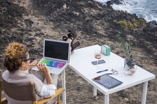 Preview: alternative office business place for elegant manager woman caucasian working with technology