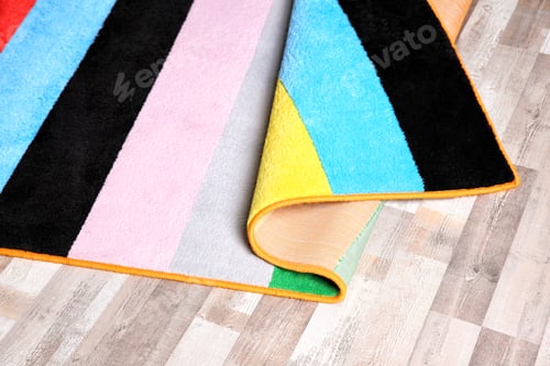 Preview: Colorful striped carpet on wooden floor