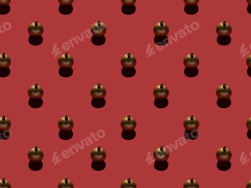 Preview: full frame of arranged golden christmas balls isolated on red