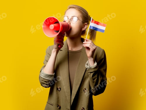 Preview: Style blonde woman in jacket with Dutch flag and megaphone on yellow background