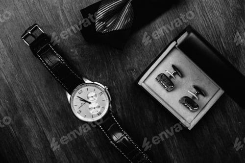 Preview: Elegant Watch, Cufflinks, and Tie on Wood