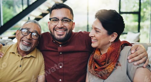 Preview: Smile, man and hug mature parents on sofa at house for bonding, love and relax with care on weekend