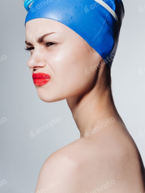 Preview: woman with bare shoulders swimming goggles red lips sport fitness