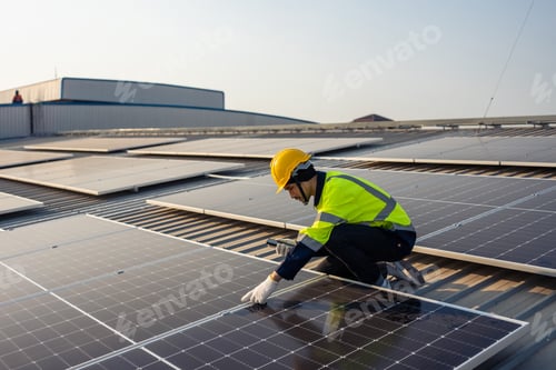 Preview: Technician Inspecting Solar Panels on Building Rooftop