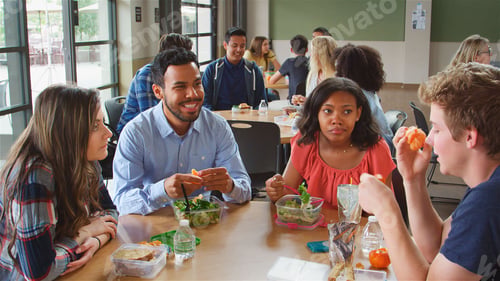 Preview: Staff And Students In Cafeteria Of High School College Or University Eating Lunch Together