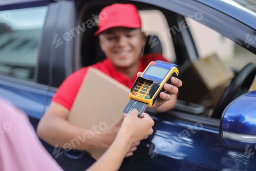 Preview: POV Customer Hands Payment With EDC Machine And Credit Card. Cashless Payment
