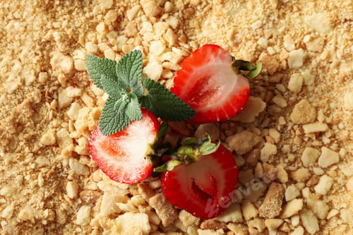 Preview: Napoleon cake with strawberry on whole background, close up