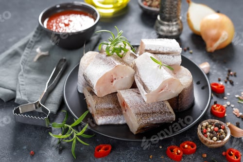 Preview: Raw fresh sliced hake fish with ingredients for cooking