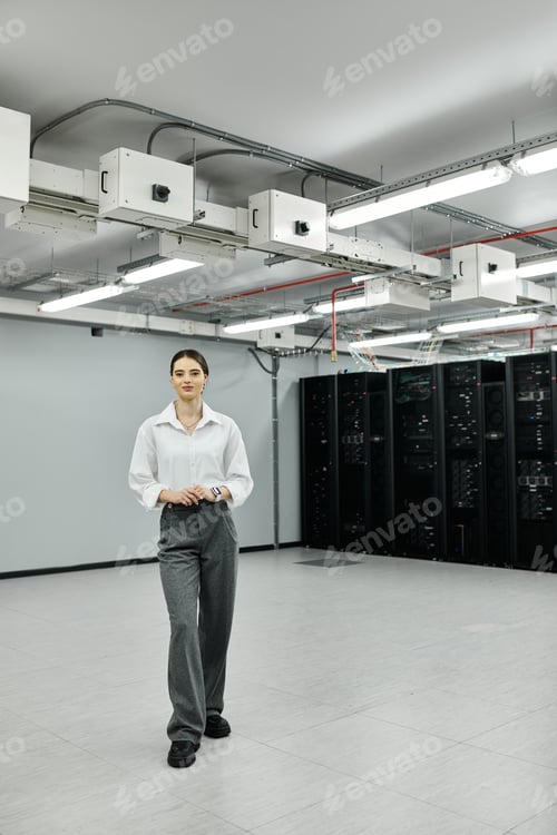 Preview: IT expert in a white shirt manages tasks in a modern server room.