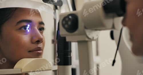 Preview: Vision, woman and eye test in optometrist office, medical practice for optical exam or consultation