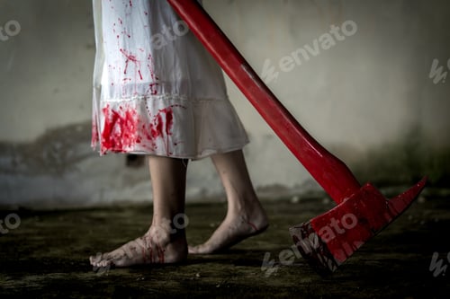 Preview: Zombie woman or ghost holding axe with blood walking in house of ruin nightmare