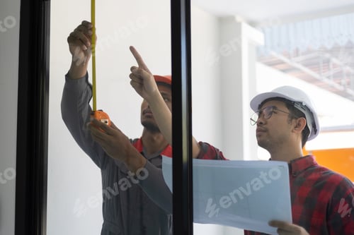Preview: Contractor and technician measuring glass door panels for home renovation.