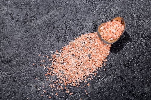 Preview: Himalayan pink salt crystals on black background, space for text