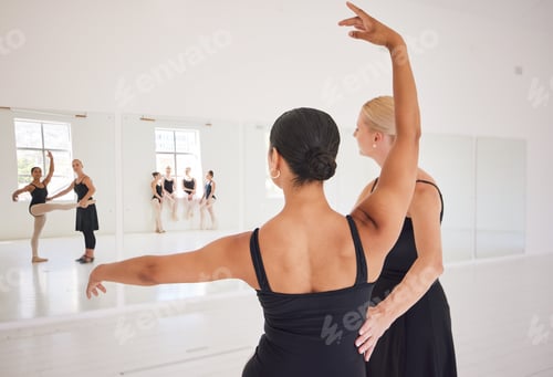 Preview: Ballet dancer, mirror and teacher in studio with student for training. Dancer women exercises with