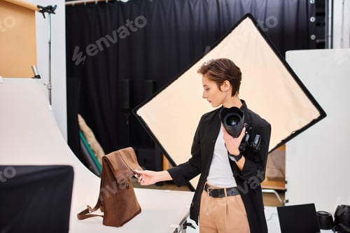 Preview: pretty talented female photographer preparing to take photos of brown leathered backpack in studio