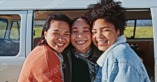 Preview: Group, road trip and car with women, smile and peace for journey and countryside travel. Friends, p