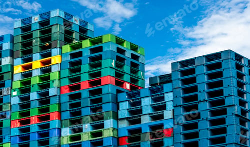 Preview: Pile of plastic shipping pallet. Industrial plastic pallet stacked at factory warehouse. Cargo