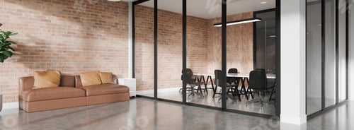 Preview: 3D Modern industrial office interior with brick walls, glass meeting room