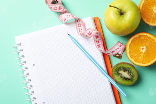 Preview: Notebook, measuring tape, pen and vegetarian food on mint background. Weight loss
