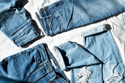 Preview: Jeans on White Textile Background, Top View.