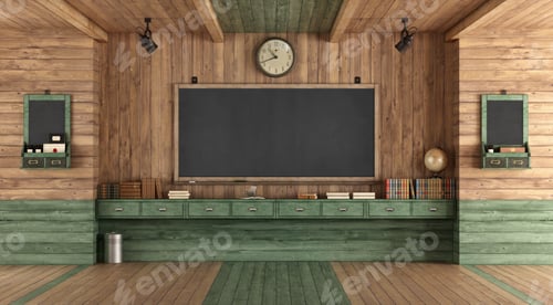 Preview: Vintage Classroom with Chalkboard, Desk, and Wooden Paneling