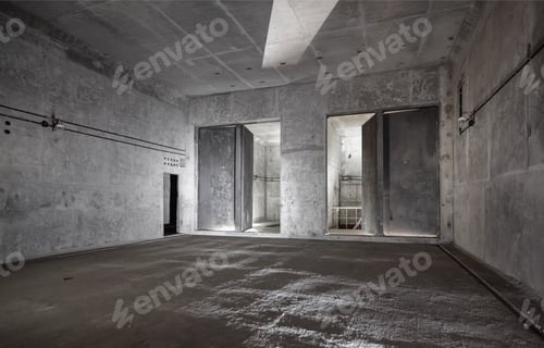 Preview: Empty Grey Concrete Room with Open Doorways