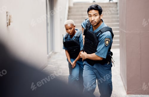 Preview: Asian man, police and gun in city alley for suspect, investigation or catching criminal together. S