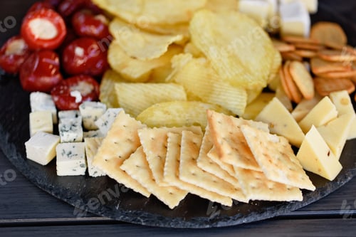 Preview: Mix of different snacks and appetizers. Street food plate with set of various kind snacks