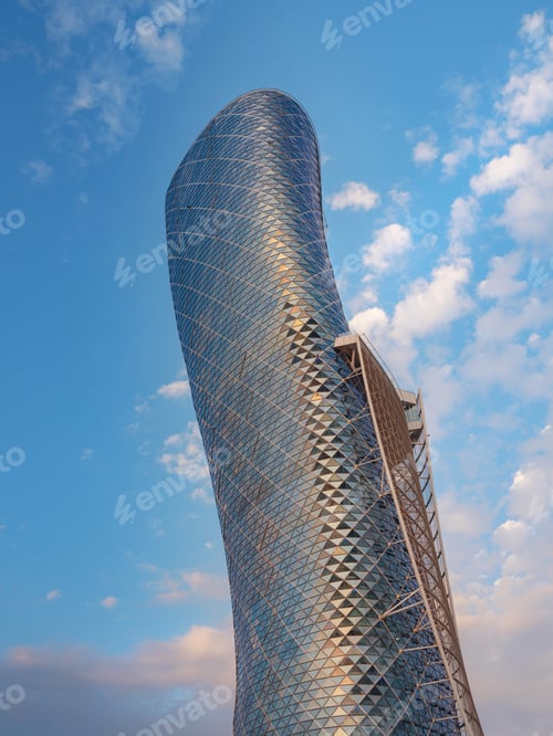 Preview: Abu Dhabi, UAE - March 19, 2023: Skyscraper The Capital Gate in Abu Dhabi.