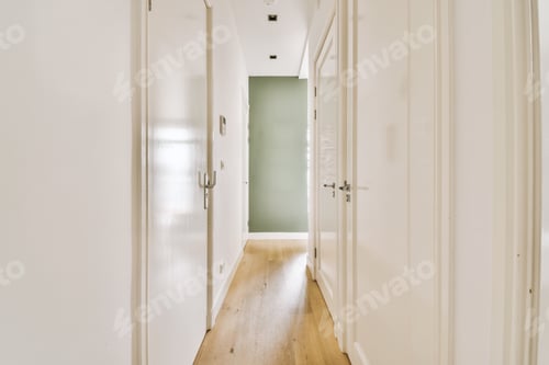 Preview: Narrow corridor with doors and lamp
