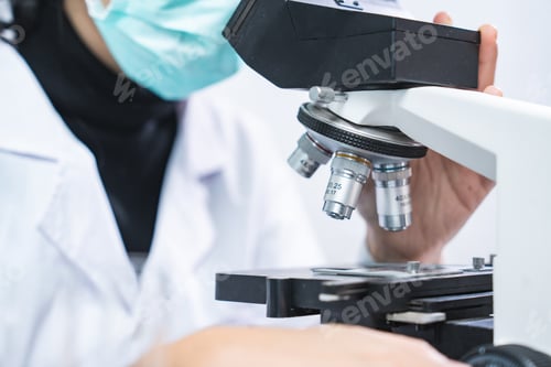 Preview: Scientific microscope lens working with data analysis in the medical laboratory, medicine equipment