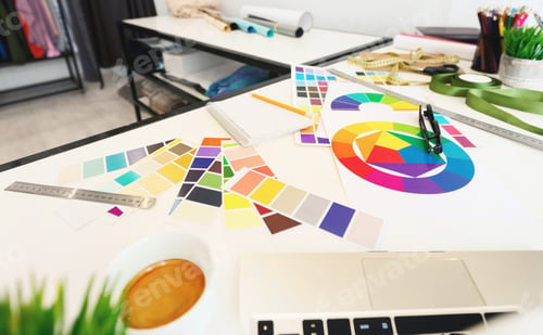 Preview: Colorful Design Workspace With Color Swatches, Creative Tools During Daytime
