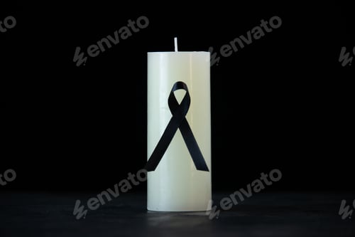 Preview: front view of white candle with black bow as memory on a dark background death funeral israel