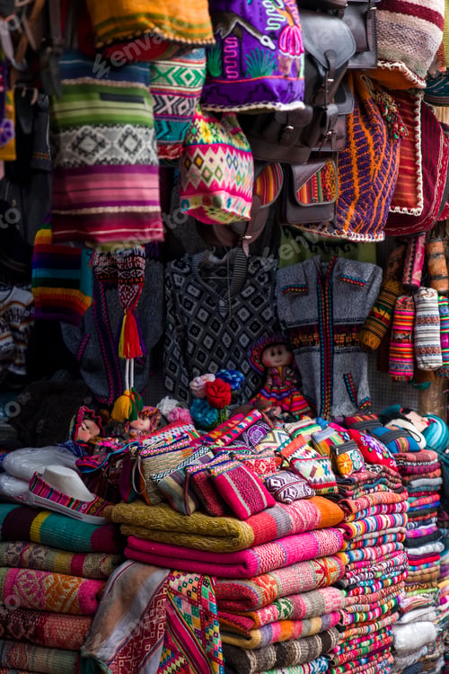Preview: Colorful traditional peruvian fabrics on the market