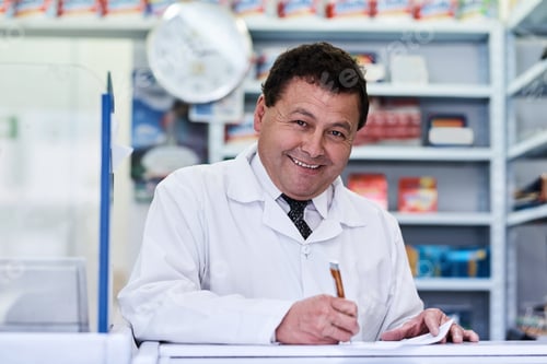 Preview: After I serve a customer I write it down. Shot of a male pharmacist working in a pharmacy.
