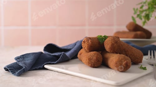 Delicious Croquettes on Plate with Blue Cloth