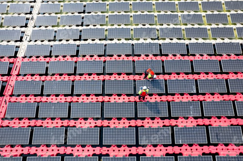 Preview: Top and side view and wide shot of two technician workers check and maintenance solar cell panel