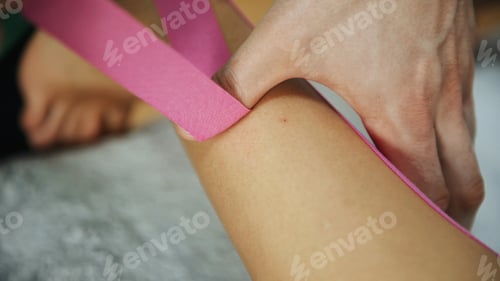 Preview: Doctor helps woman by leg treatment with kinesio tape