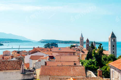Preview: Aerial view of beautiful Rab town with its towers. Rab island, Croatia