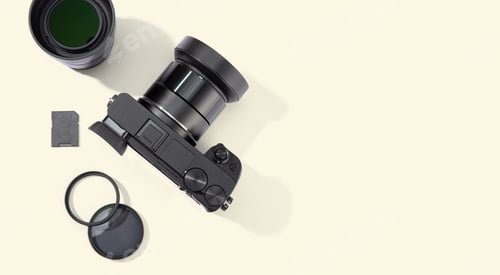 Preview: Flat lay of digital photographic equipment isolated on beige background