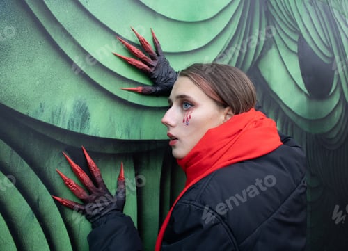 Preview: Beautiful girl with Halloween make-up and handmade gloves with bloody clowes