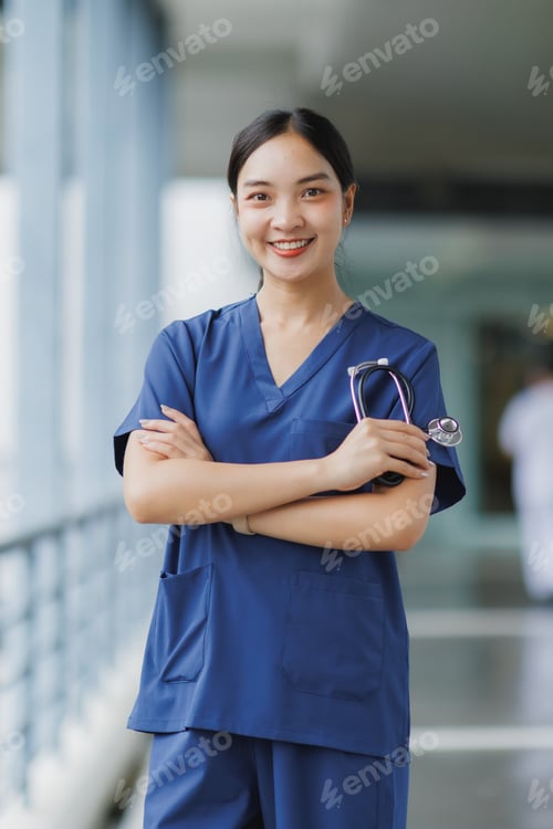 Preview: Young doctor smiling and holding stethoscope in hospital corridor