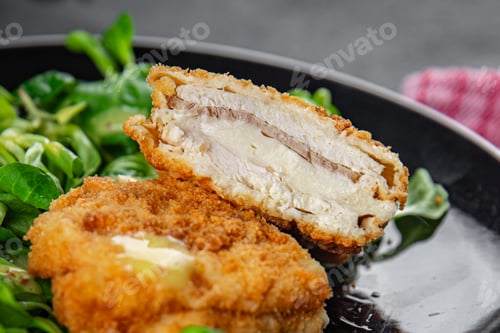 Preview: chicken meat cutlet cordon bleu snack ham, cheese fresh meal food on the table copy space food