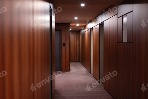 Preview: Empty dark interior of the modern Hotel corridor, with wood-paneled walls, elegant carpets