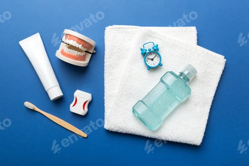 Preview: Mouthwash and other oral hygiene products on colored table top view with copy space.